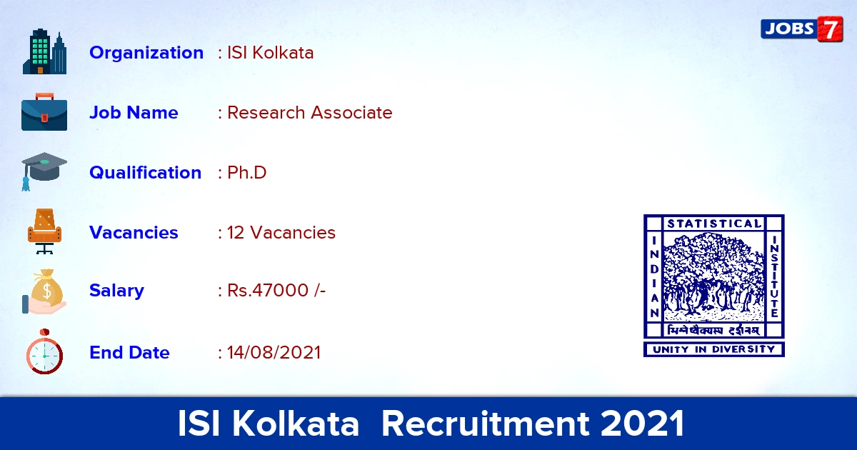 ISI Kolkata Recruitment 2021 - Apply Online for 12 Research Associate Vacancies