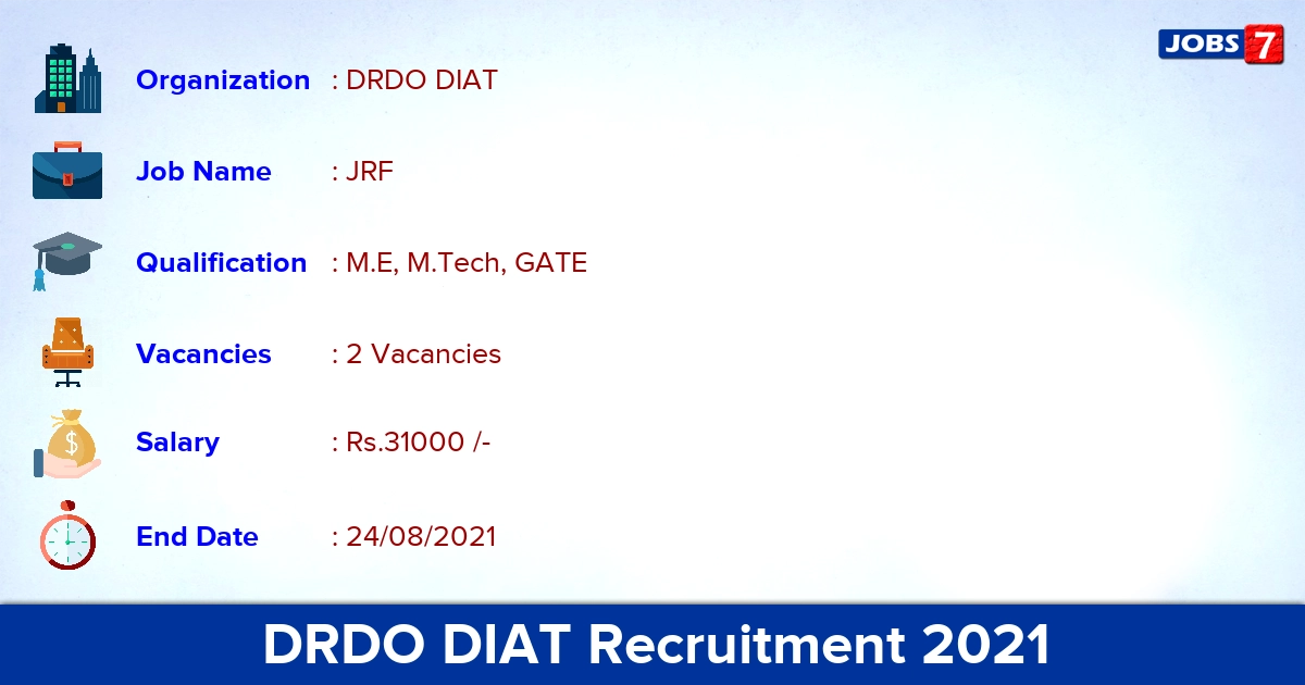 DRDO DIAT Recruitment 2021 - Apply Online for Junior Research Fellow Jobs