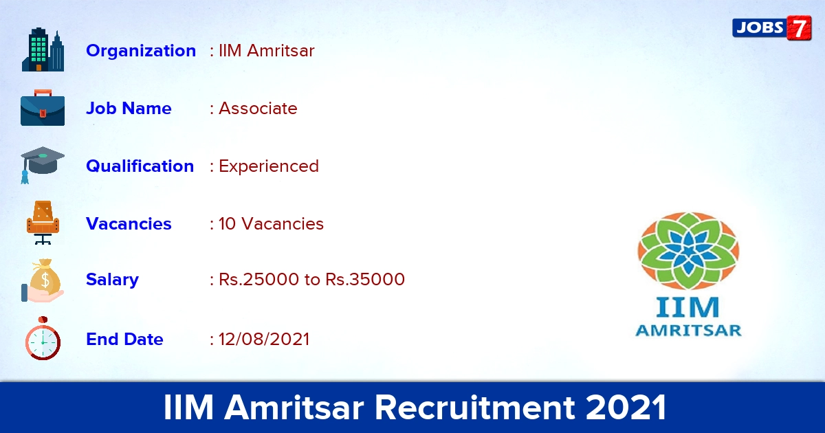 IIM Amritsar Recruitment 2021 - Apply Online for 10 Associate Vacancies
