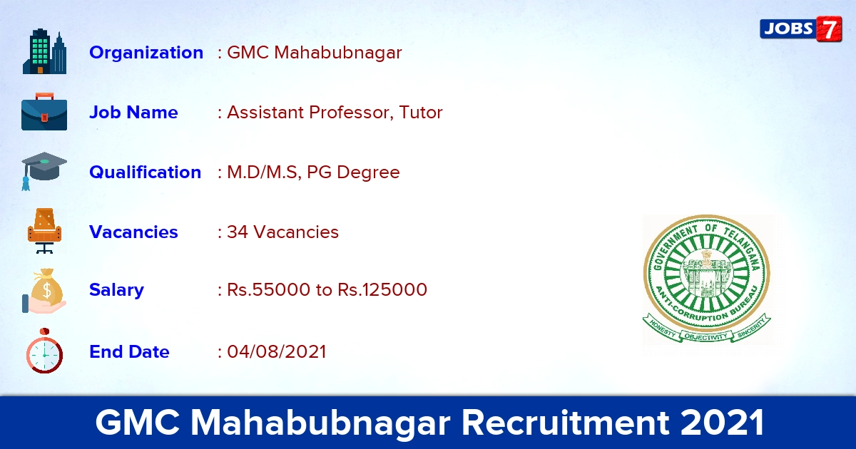 GMC Mahabubnagar Recruitment 2021 - Apply Direct Interview for 34 Assistant Professor, Tutor Vacancies
