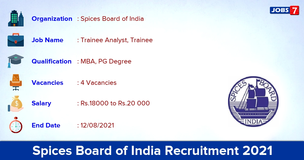 Spices Board of India Recruitment 2021 - Apply Direct Interview for Statistical Analysis Trainee Jobs