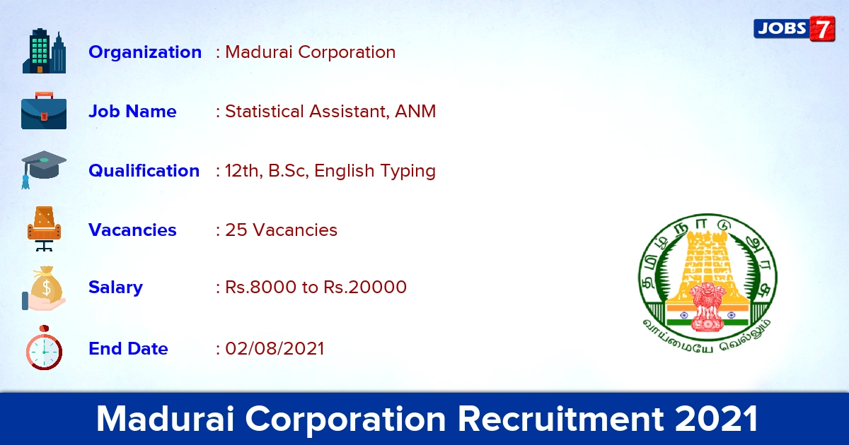 Madurai Corporation Recruitment 2021 - Apply Offline for 25 Statistical Assistant, ANM Vacancies
