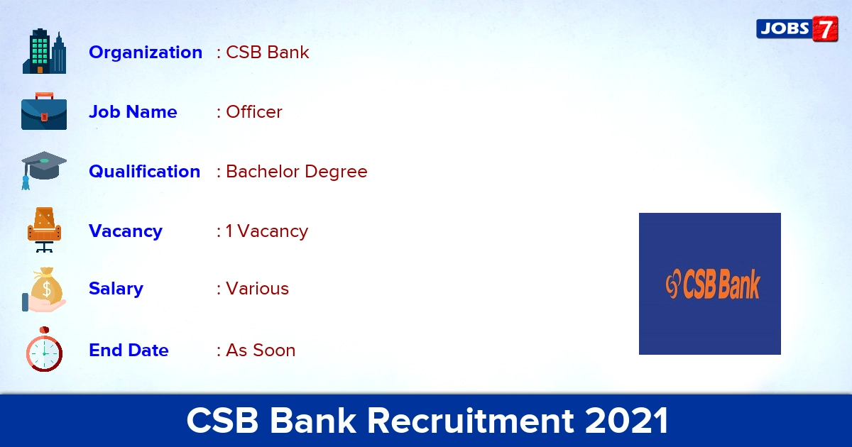 CSB Bank Recruitment 2021 - Apply Online for Customer Relationship Officer Jobs