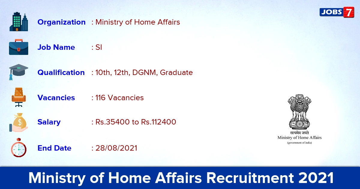 Ministry of Home Affairs Recruitment 2021 - Apply Online for 116 Sub Inspector Vacancies