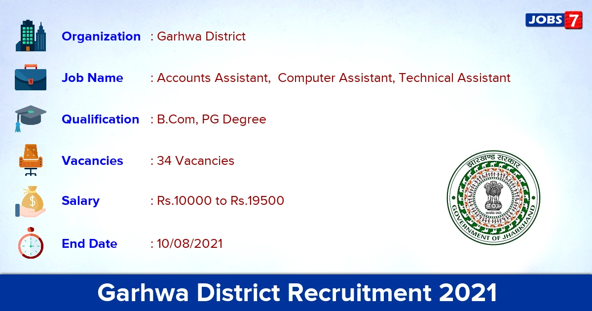 Garhwa District Recruitment 2021 - Apply Offline for 34 Accounts Assistant Vacancies