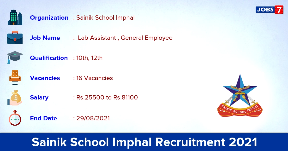 Sainik School Imphal Recruitment 2021 - Apply Online for 16 Lab Assistant Vacancies