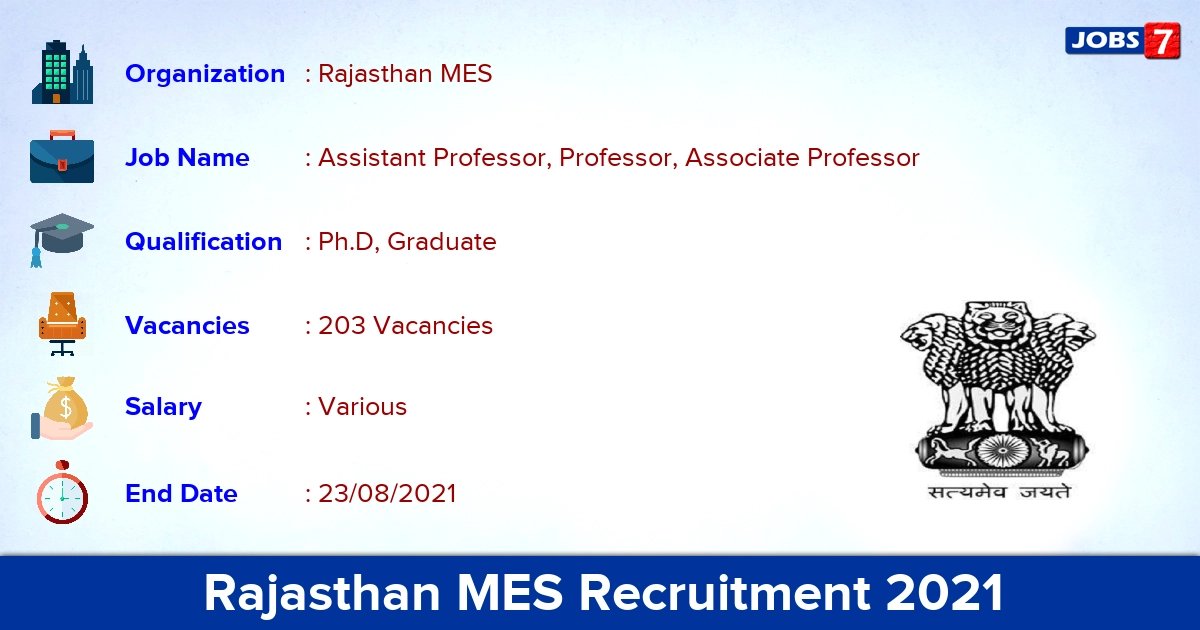 Rajasthan MES Recruitment 2021 - Apply Online for 203 Professor Vacancies