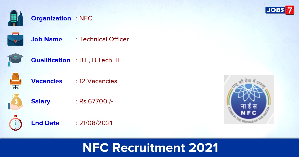NFC Recruitment 2021 - Apply Offline for 12 Technical Officer Vacancies