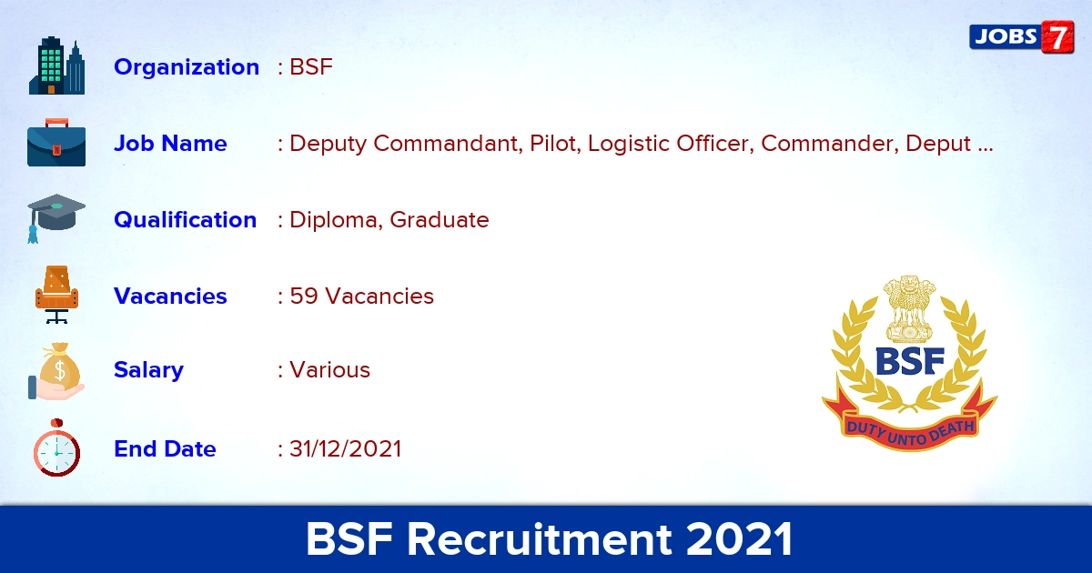 BSF Recruitment 2021 - Apply Offline for 59 Deputy Commandant, Pilot Vacancies