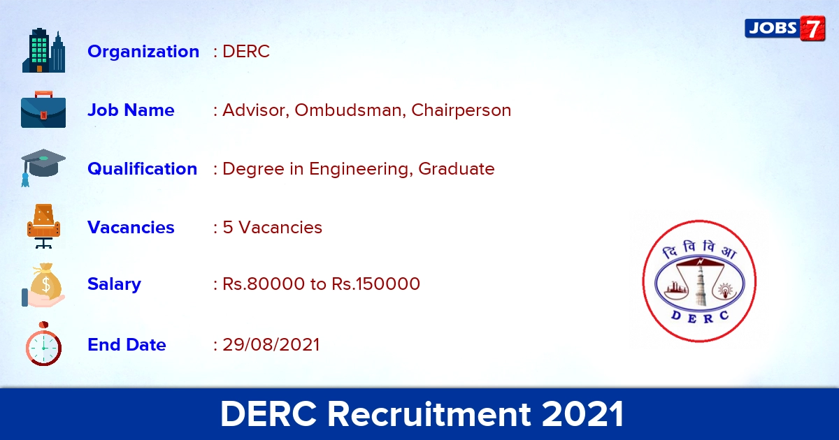DERC Recruitment 2021 - Apply Offline for Advisor, Chairperson Jobs
