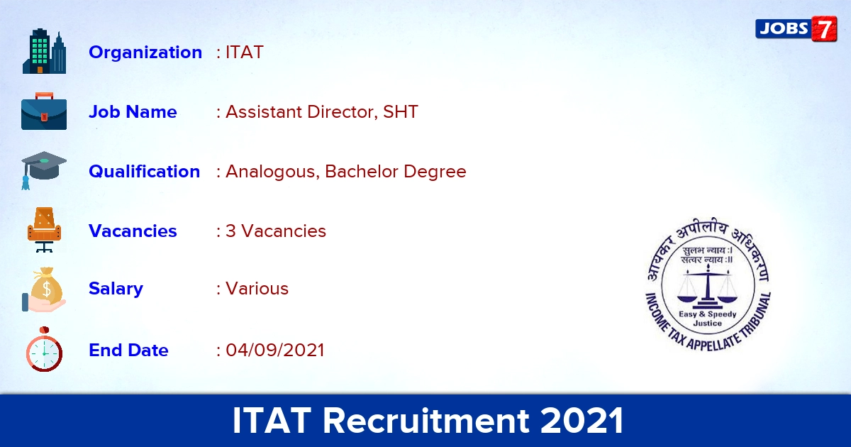 ITAT Recruitment 2021 - Apply Offline for Assistant Director, SHT Jobs