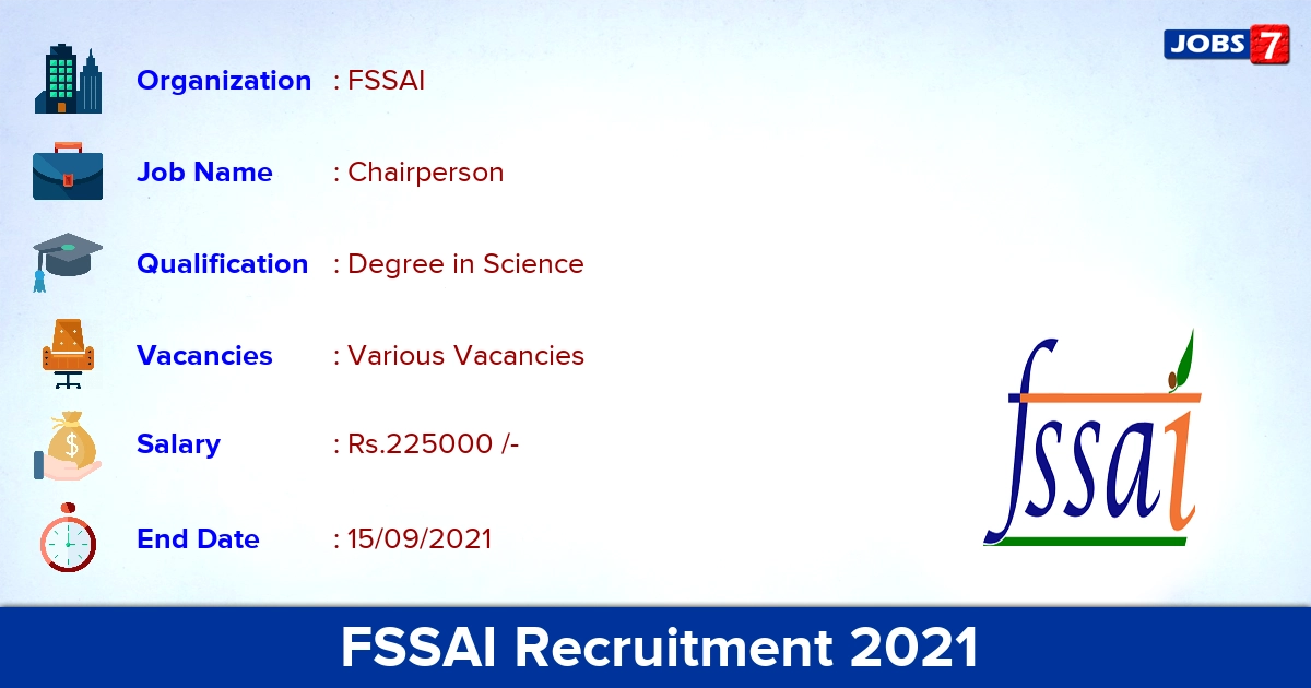 FSSAI Recruitment 2021 - Apply Offline for Chairperson Vacancies