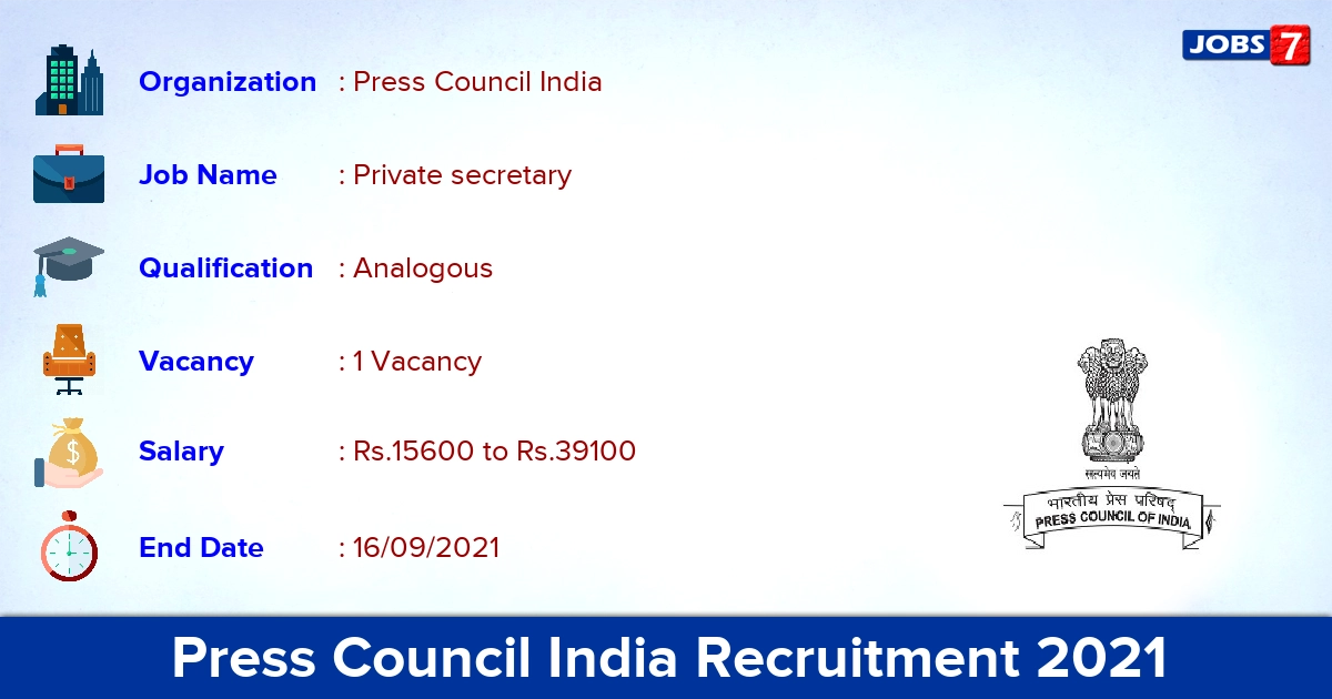 Press Council India Recruitment 2021 - Apply Offline for Private secretary Jobs