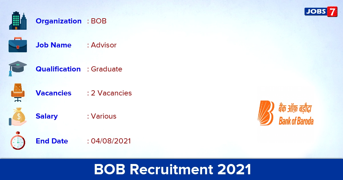 BOB Recruitment 2021 - Apply Online for Advisor Jobs