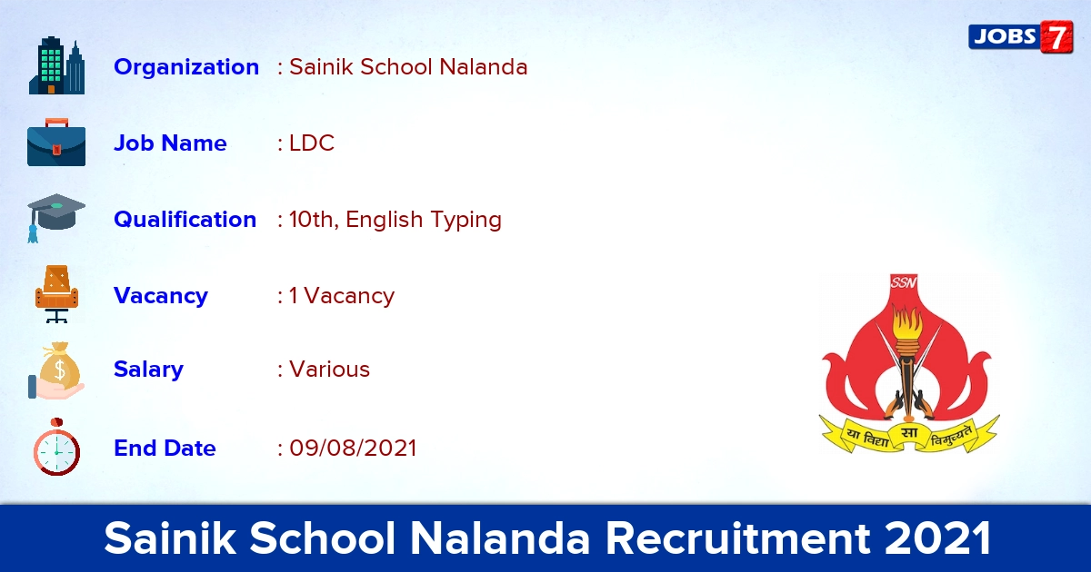 Sainik School Nalanda Recruitment 2021 - Apply Offline for LDC Jobs