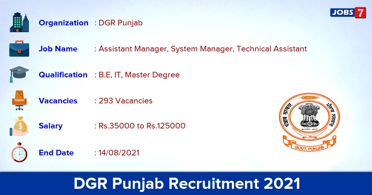 DGR Punjab Recruitment 2021 - Apply Online for 293 Technical Assistant Vacancies