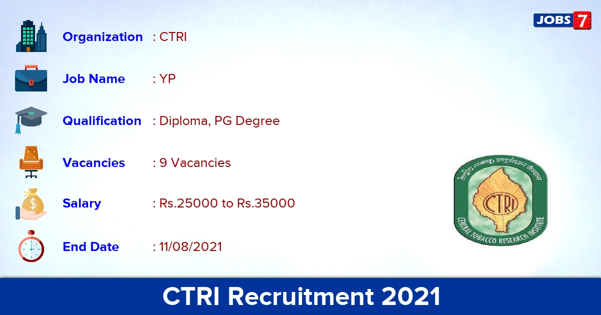 CTRI Recruitment 2021 - Apply Direct Interview for YP Jobs