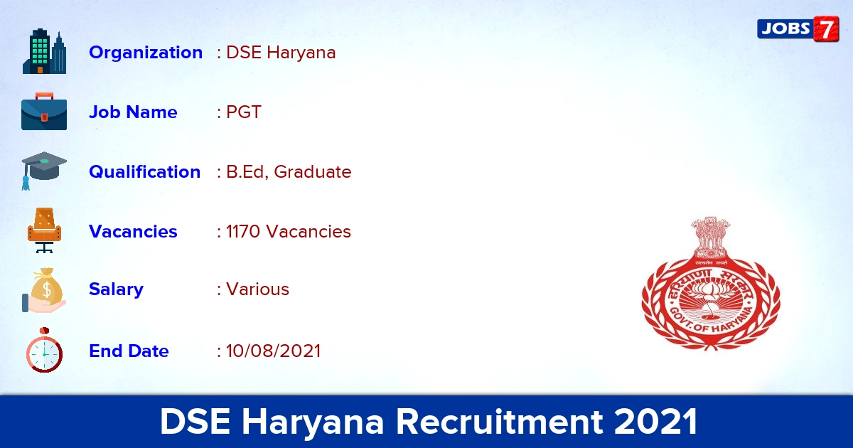 DSE Haryana Recruitment 2021 - Apply Online for 1170 PGT Vacancies