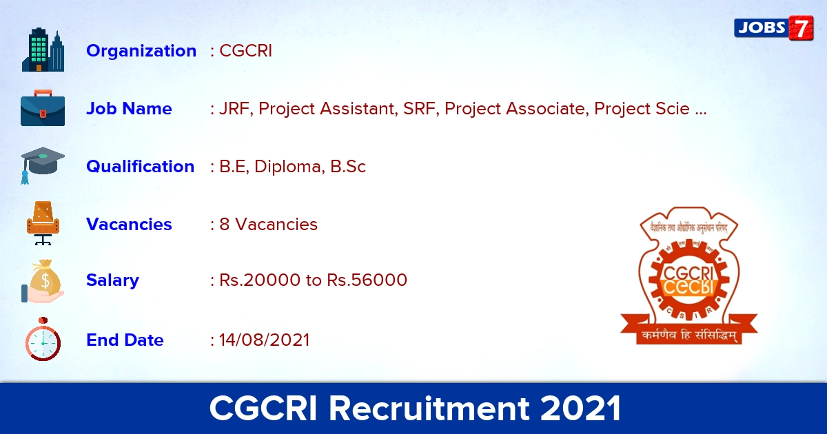 CGCRI Recruitment 2021 - Apply Online for JRF, Project Assistant Jobs