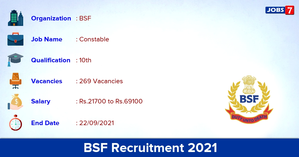 BSF Recruitment 2021 - Apply Online for 269 Constable Vacancies