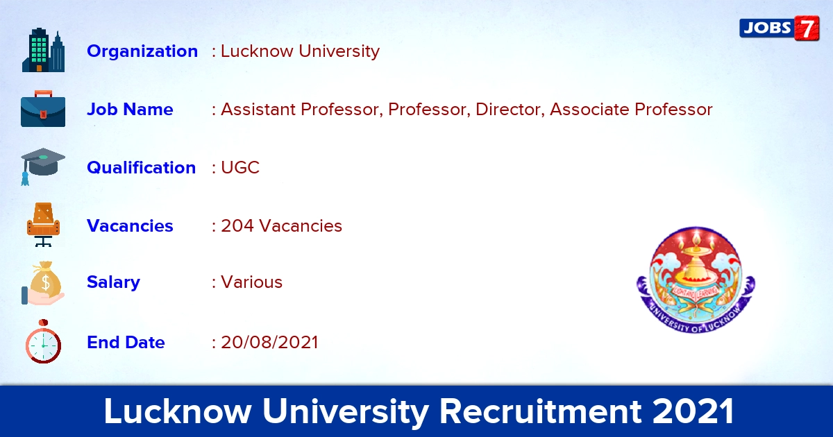 Lucknow University Recruitment 2021 - Apply Online for 204 Professor Vacancies