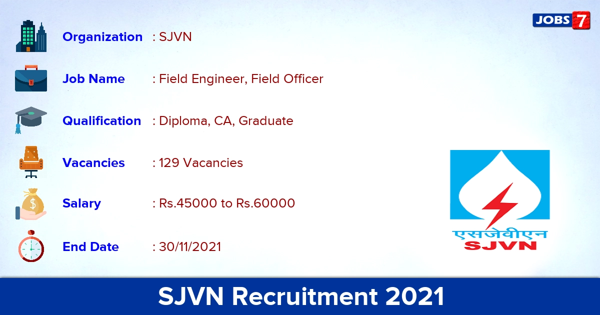 SJVN Recruitment 2021 - Apply Online for 129 Field Officer Vacancies (Last Date Extended)