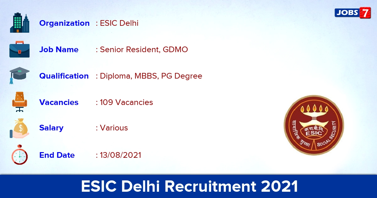 ESIC Delhi Recruitment 2021 - Apply Direct Interview for 109 Senior Resident Vacancies