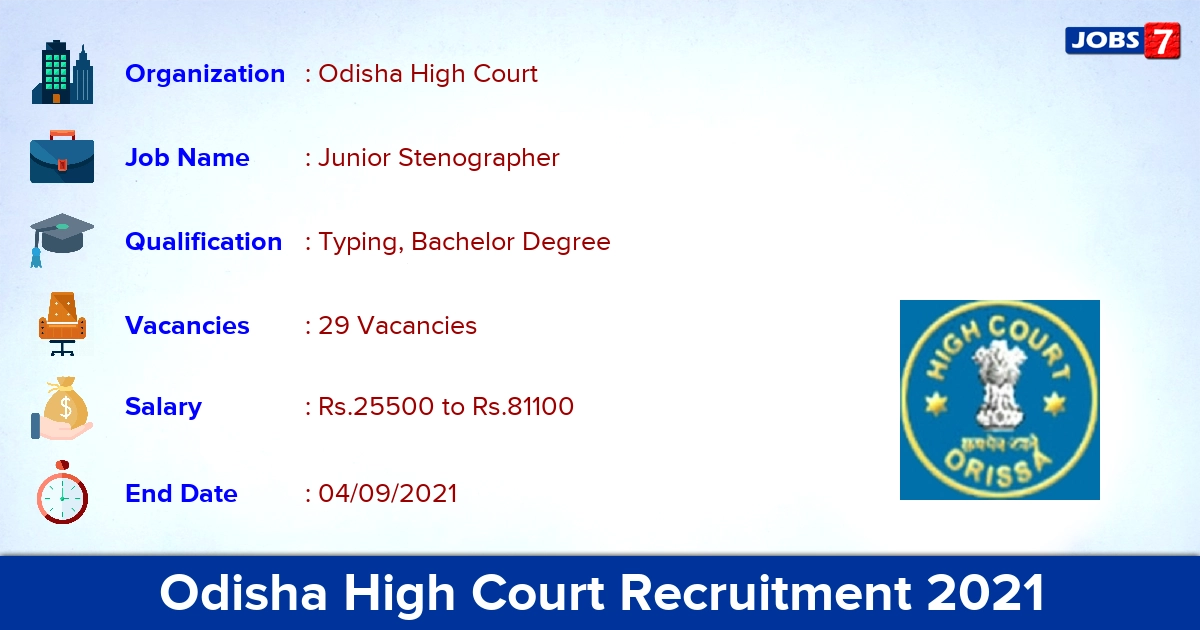 Odisha High Court Recruitment 2021 - Apply Online for 29 Junior Stenographer Vacancies