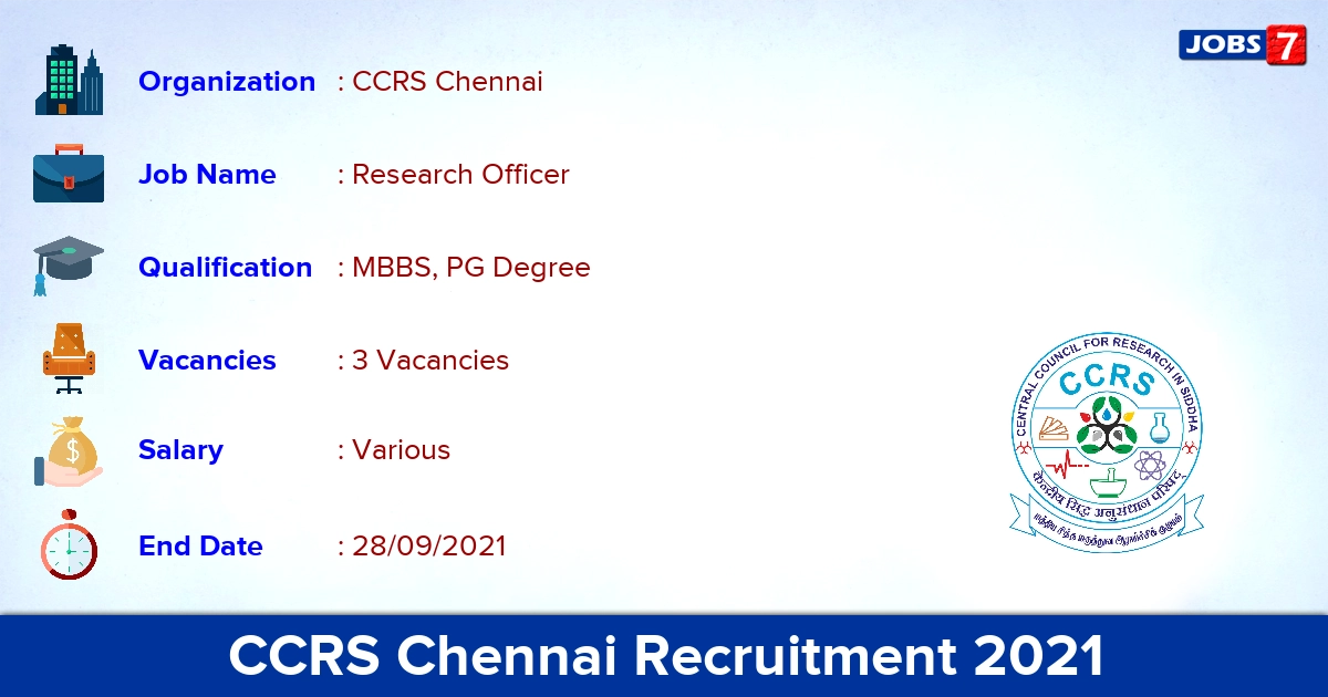 CCRS Chennai Recruitment 2021 - Apply Offline for Research Officer Jobs