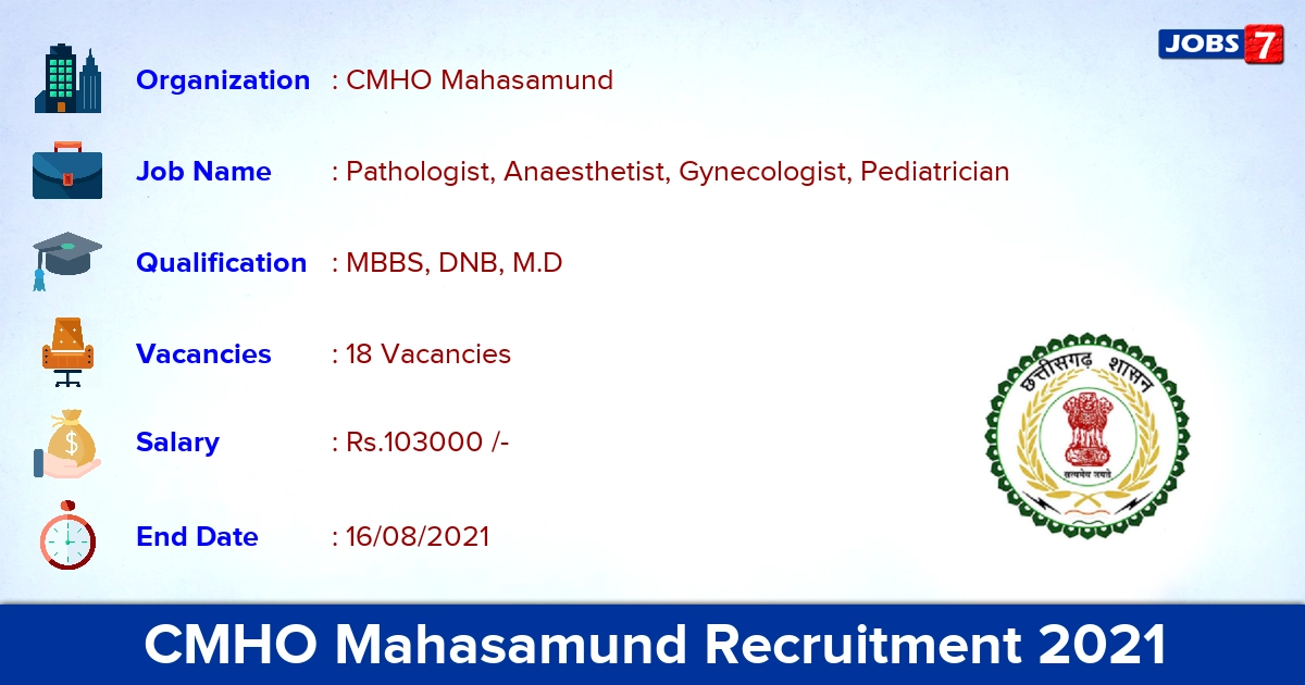 CMHO Mahasamund Recruitment 2021 - Apply Direct Interview for 18 Pediatrician Vacancies