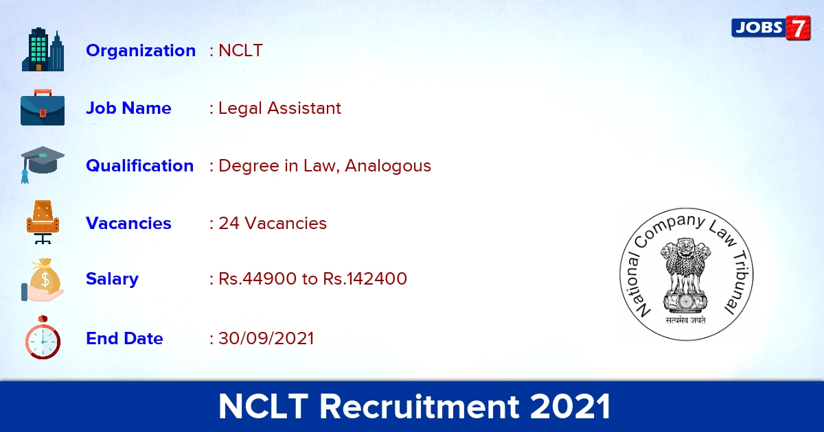 NCLT Recruitment 2021 - Apply Offline for 24 Senior Legal Assistant Vacancies