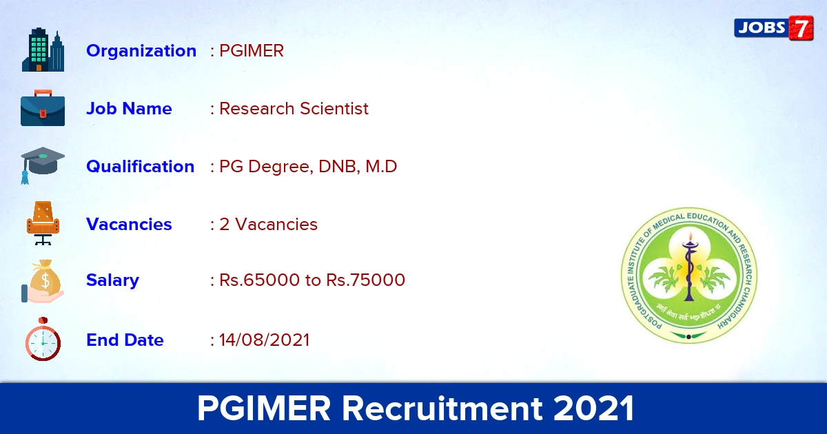 PGIMER Recruitment 2021 - Apply Offline for Research Scientist Jobs