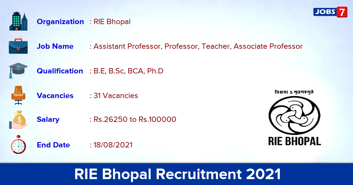 RIE Bhopal Recruitment 2021 - Apply Online for 31 Professor Vacancies