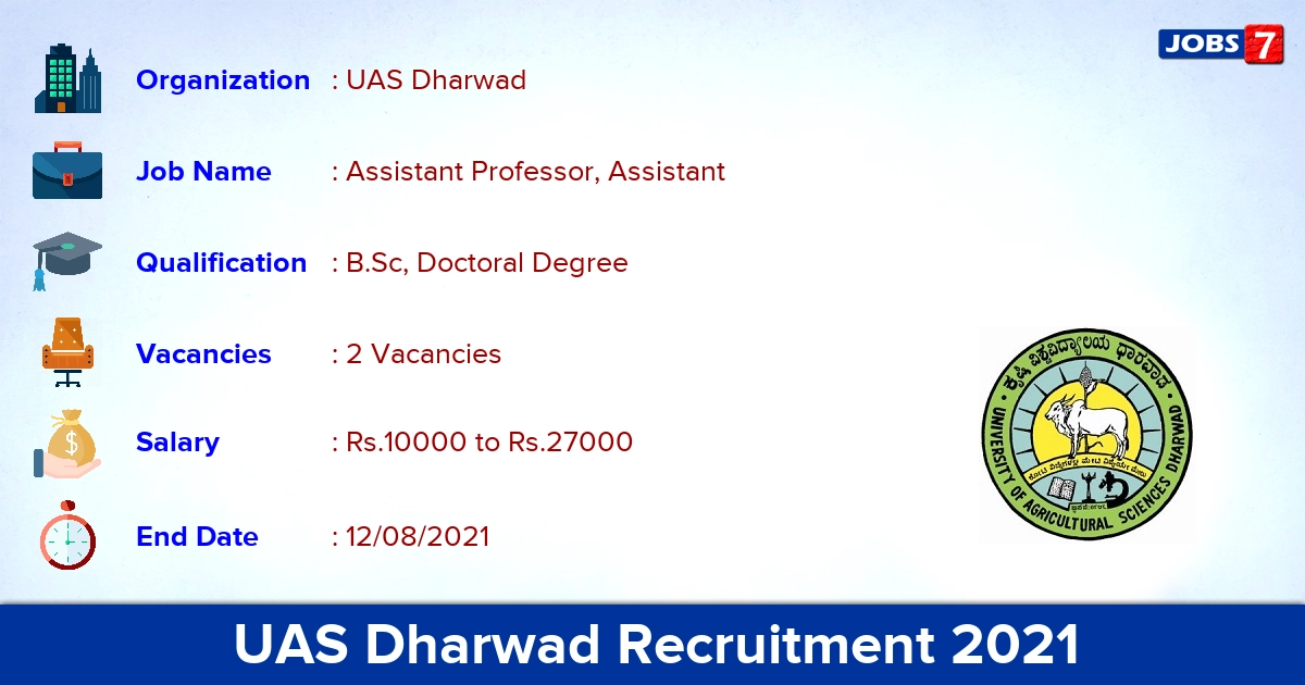 UAS Dharwad Recruitment 2021 - Apply Offline for Assistant Professor Jobs