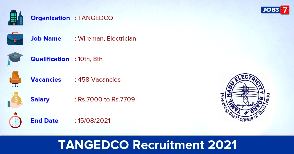 TANGEDCO Dharmapuri Recruitment 2021 - Apply Online for 458 Wireman, Electrician Vacancies