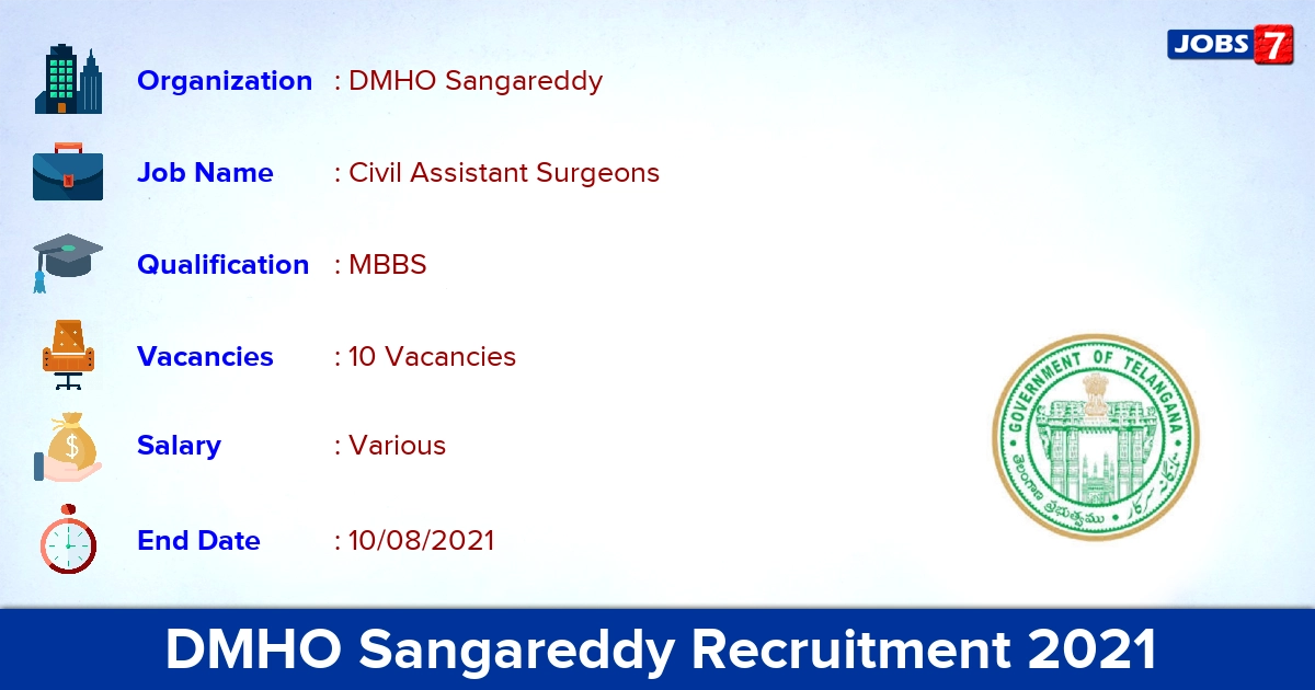 DMHO Sangareddy Recruitment 2021 - Apply Offline for 10 Civil Assistant Surgeon Vacancies