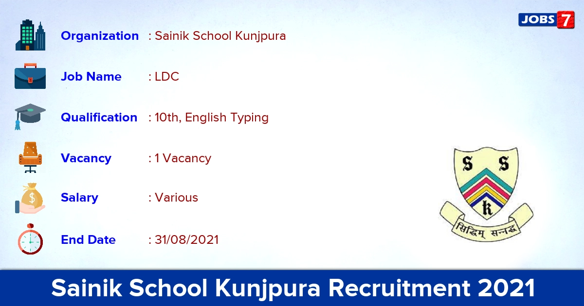 Sainik School Kunjpura Recruitment 2021 - Apply Offline for LDC Jobs