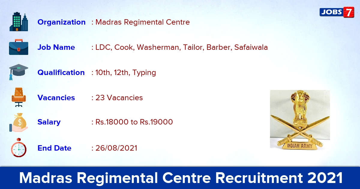Madras Regimental Centre Recruitment 2021 - Apply Offline for 23 LDC, Cook Vacancies