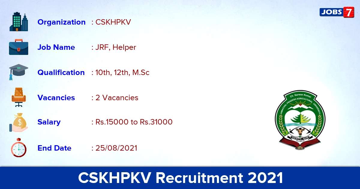CSKHPKV Recruitment 2021 - Apply Offline for JRF, Helper Jobs