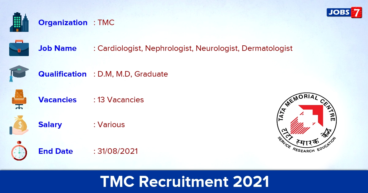 TMC Recruitment 2021 - Apply Direct Interview for 13 Cardiologist Vacancies