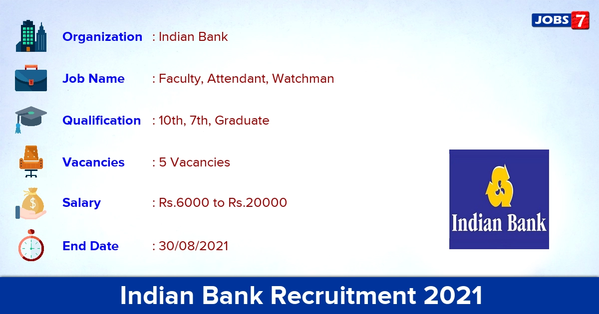 Indian Bank Recruitment 2021 - Apply Offline for Attendant, Watchman Vacancies