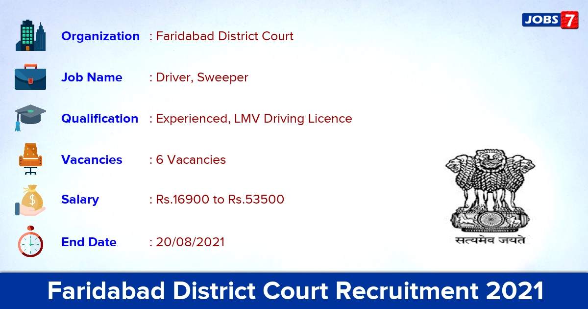 Faridabad District Court Recruitment 2021 - Apply Offline for Driver, Sweeper Jobs