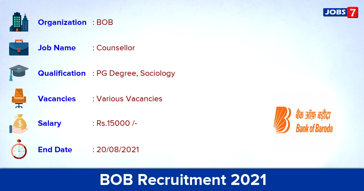 BOB Recruitment 2021 - Apply Offline for Counsellor Vacancies