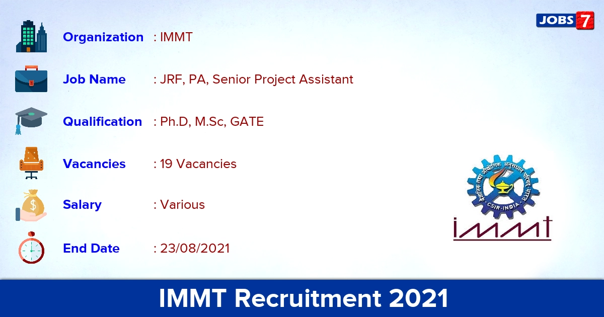 IMMT Recruitment 2021 - Apply Online for 19 JRF, Senior Project Assistant Vacancies