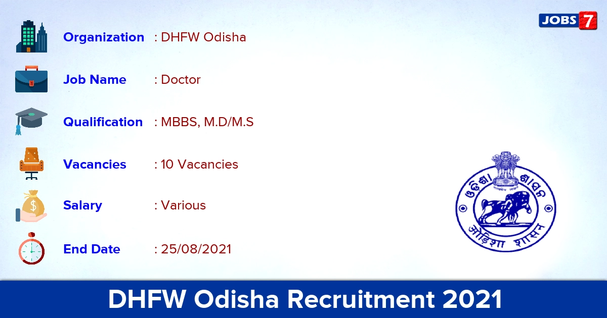 DHFW Odisha Recruitment 2021 - Apply Direct Interview for 10 Doctor Vacancies