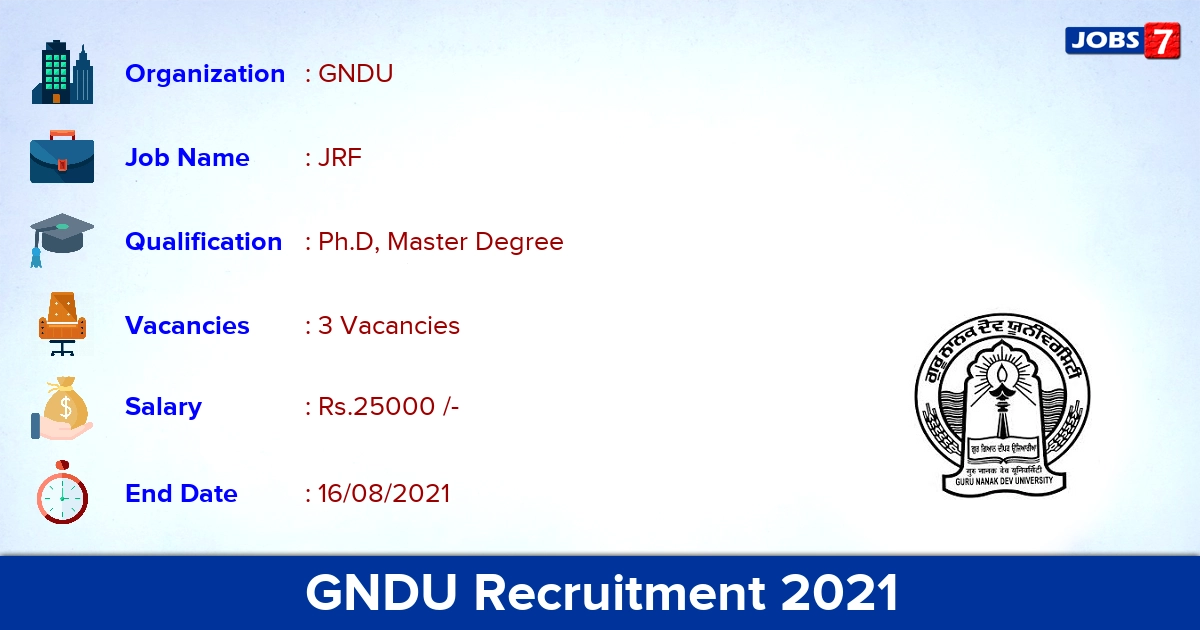 GNDU Recruitment 2021 - Apply Online for JRF Jobs