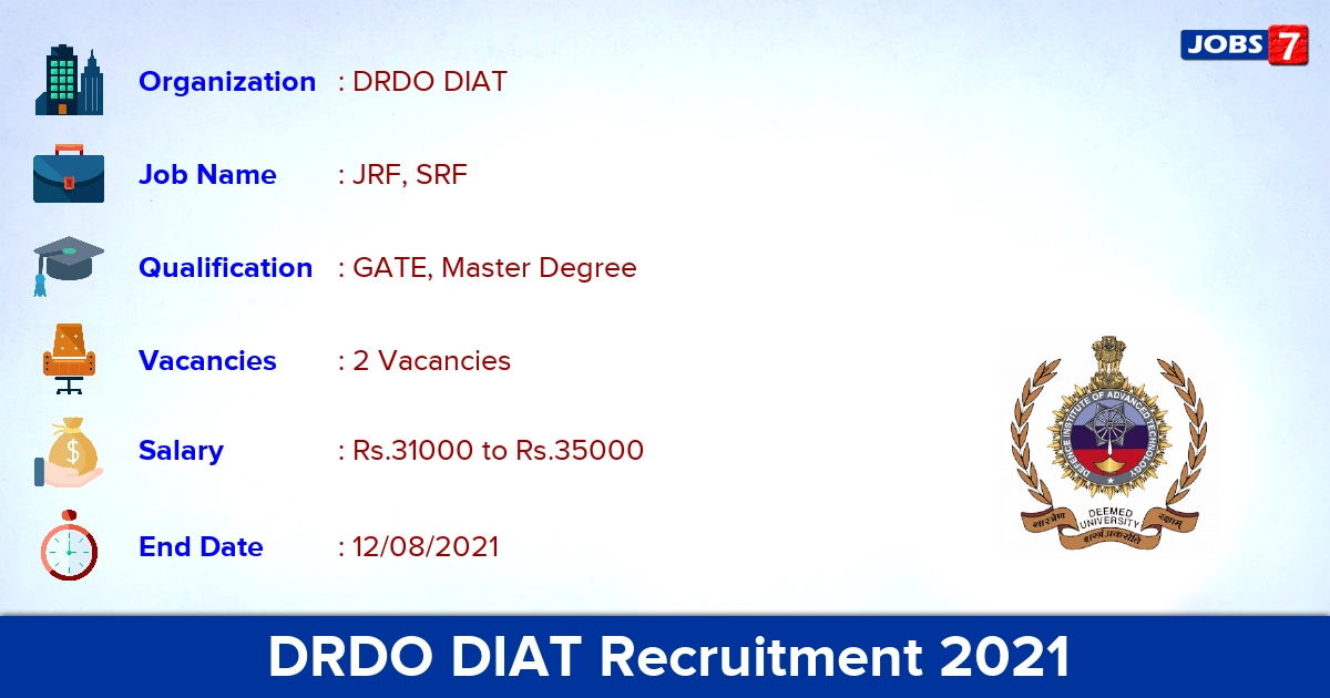 DRDO DIAT Recruitment 2021 - Apply Online for JRF, SRF Jobs DRDO DIAT Recruitment 2021 - Apply Online for JRF, SRF Jobs