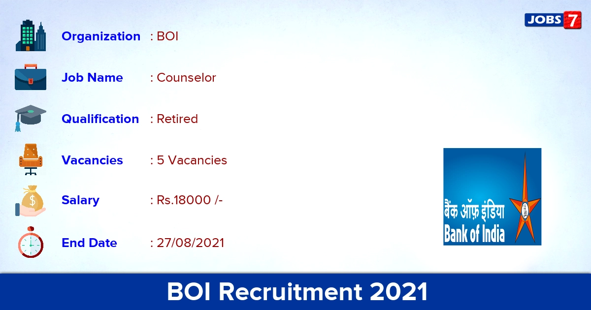 BOI Recruitment 2021 - Apply Offline for Counselor Jobs