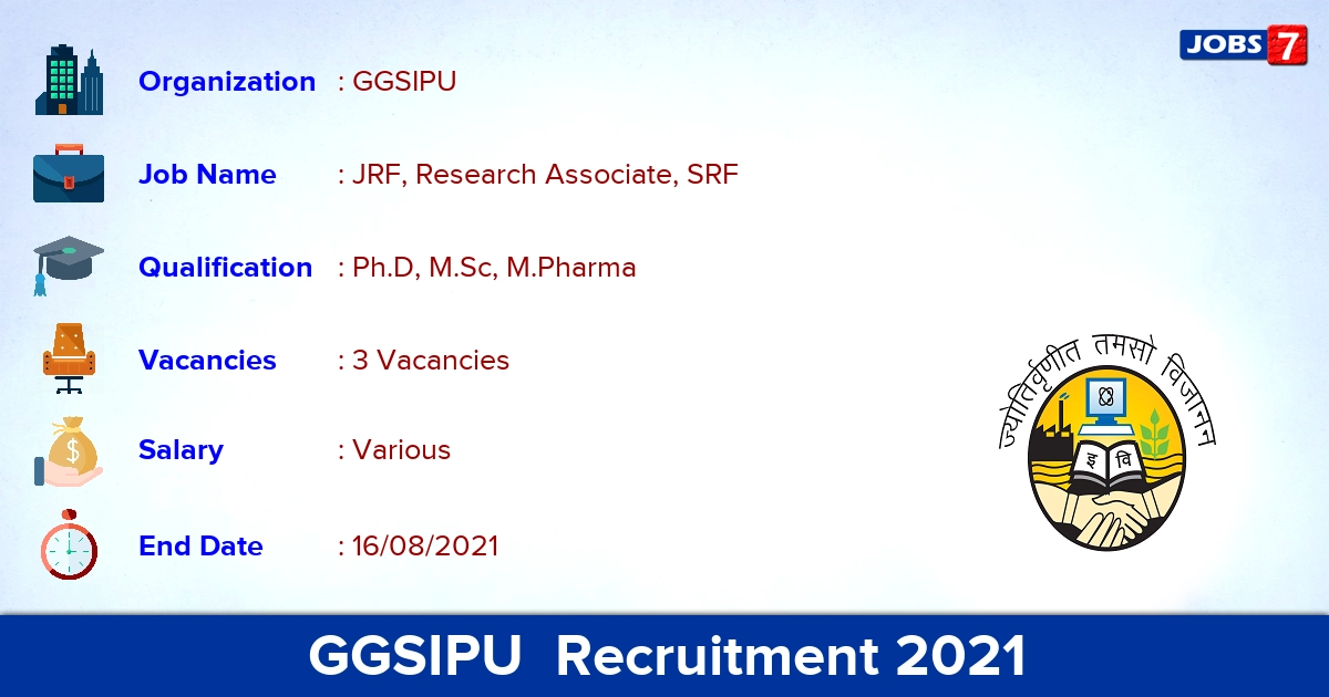 GGSIPU  Recruitment 2021 - Apply Offline for JRF, Research Associate, SRF Jobs