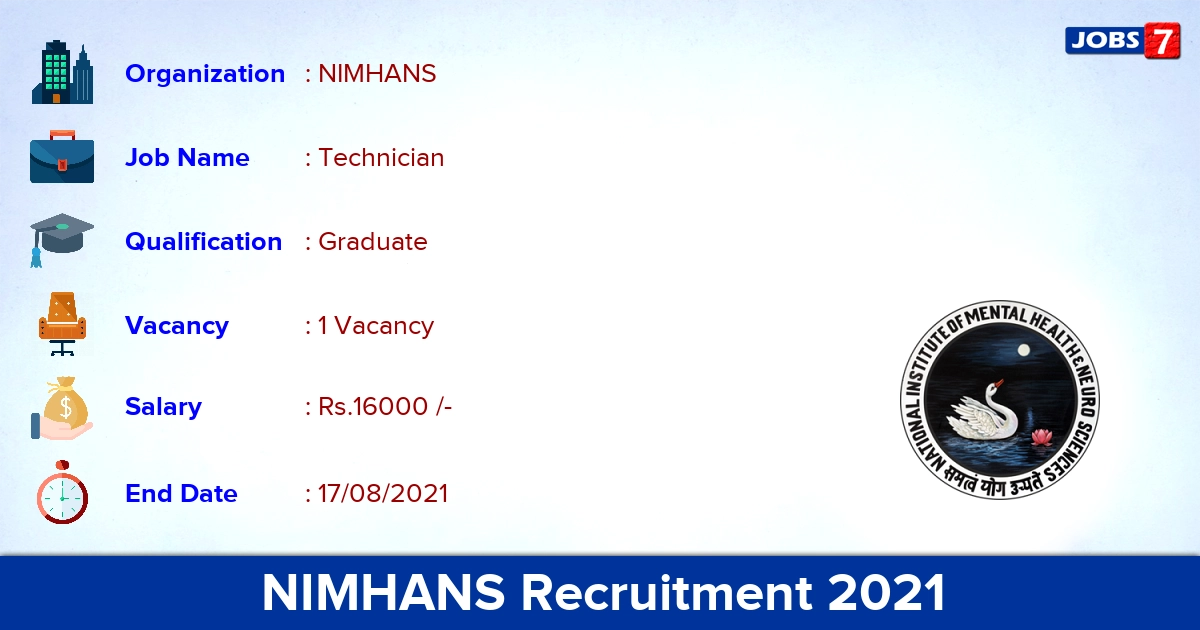 NIMHANS Recruitment 2021 - Apply Online for Technician Jobs
